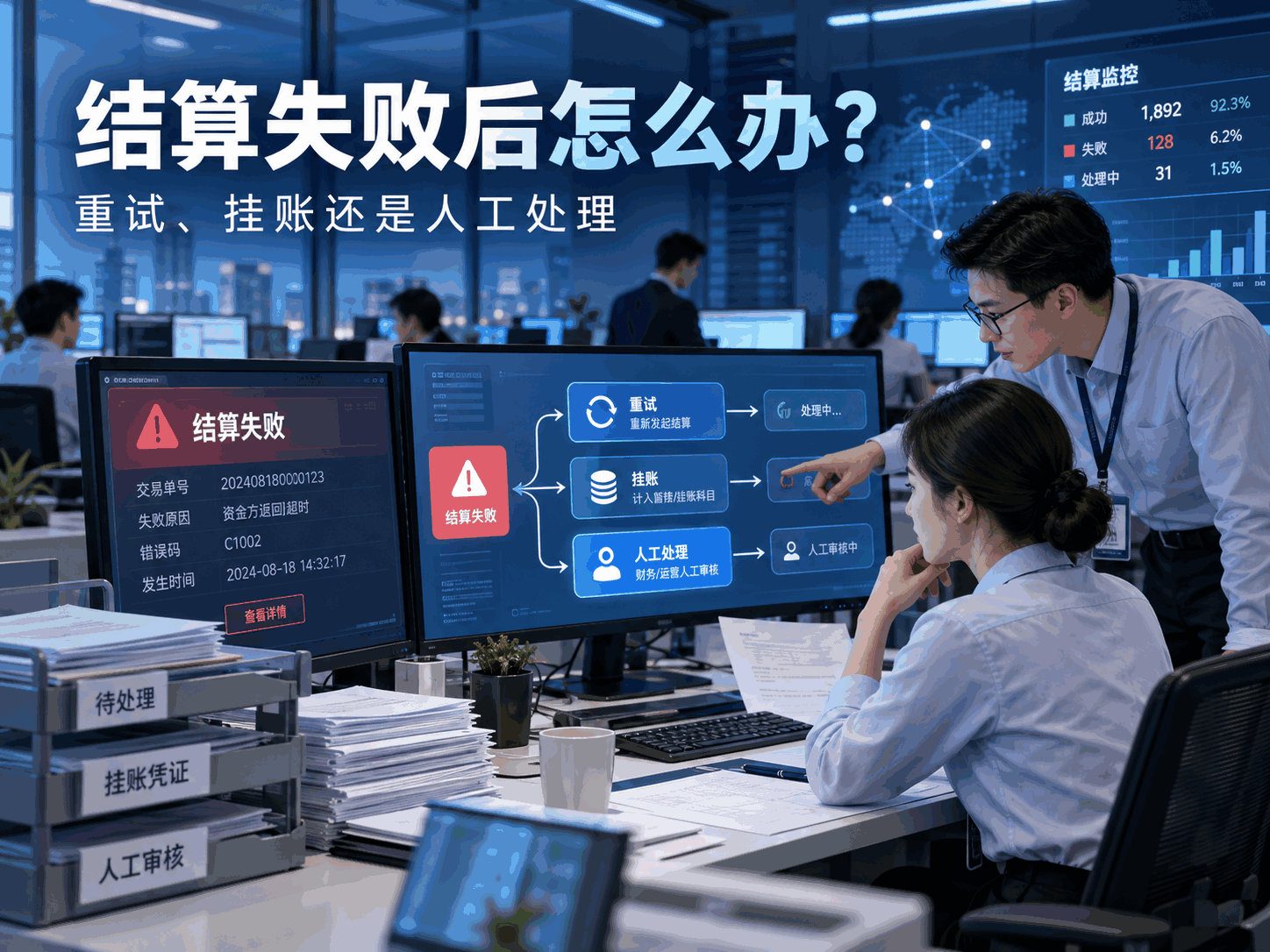一笔结算失败后，系统应该重试、挂账还是人工处理？